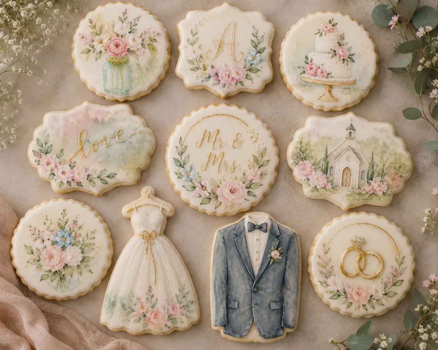 A hand-painted wedding cookie set — florals, monogram, dress, and rings