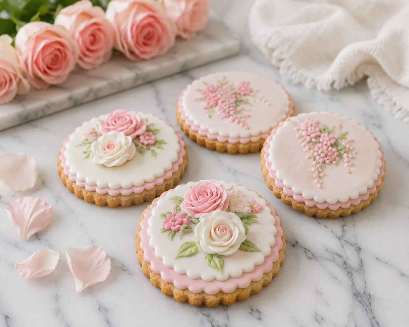 Hand-piped rose cookies on a marble surface