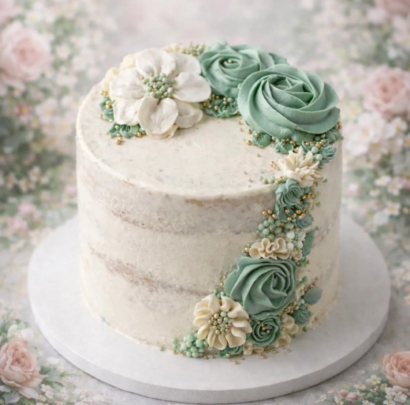 A semi-naked buttercream cake trimmed with sage and ivory blooms